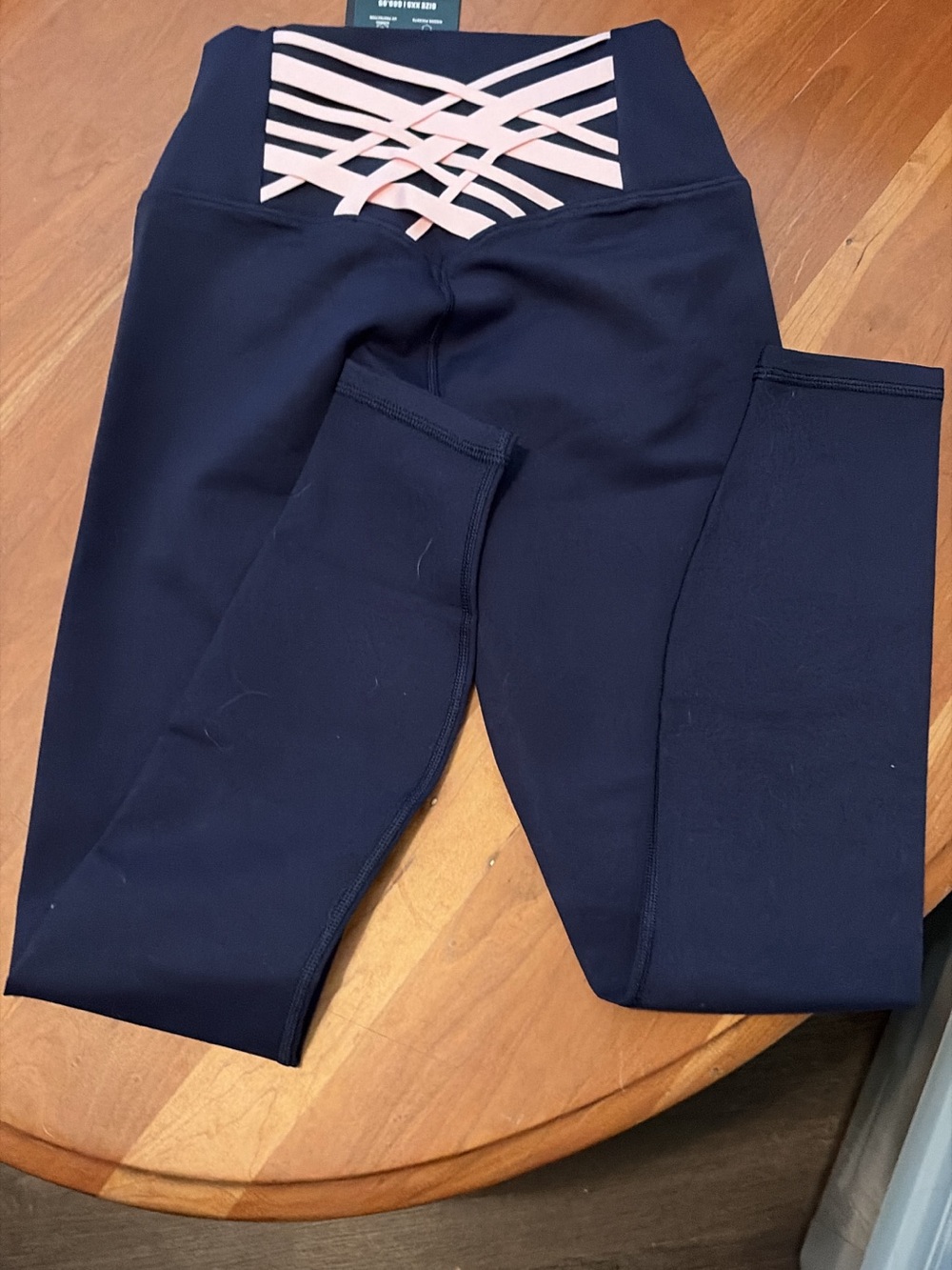 Fabletics Navy Leggings with Pink Crisscross Waistband
